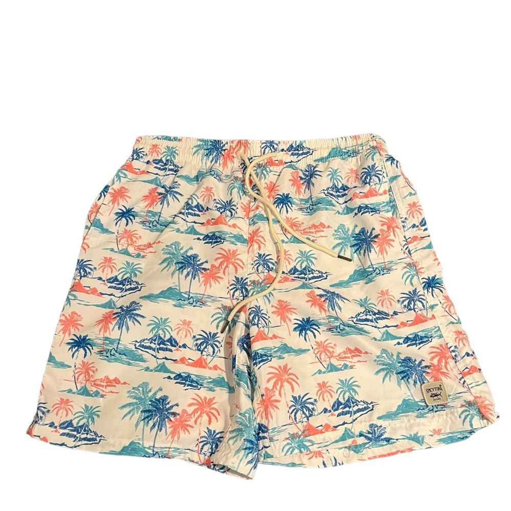 Spicy Tuna Men’s Swim Trunks White with Colorful Palm Tree Design Large EUC
